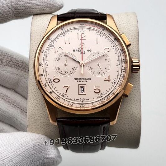 Breitling Premier B01 Chronograph Rose Gold Off White Dial Leather Strap High Quality Watch