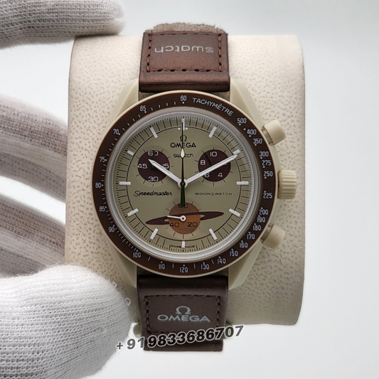 Omega Speedmaster Swatch Moonswatch Mission to Saturn Chronograph Brown Strap 42mm High Quality First Copy Watch