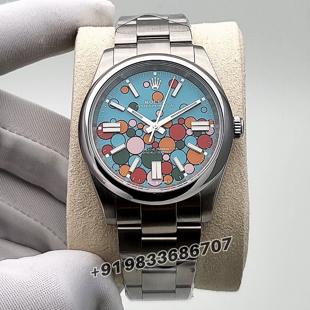 Rolex Oyster Perpetual Turquoise Blue Celebration Motif Dial 41mm