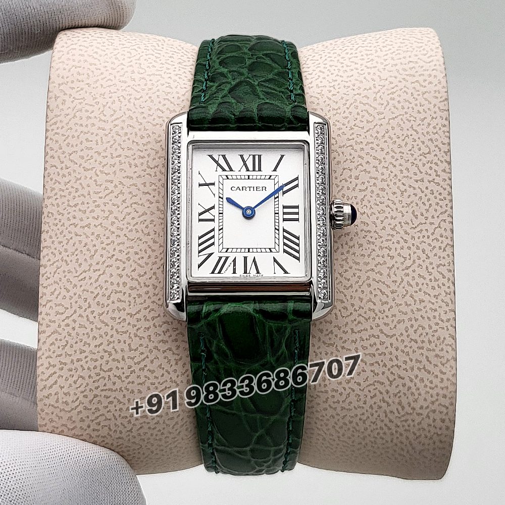 Cartier Tank Louis Diamonds Set Bezel Green Strap High Quality First ...